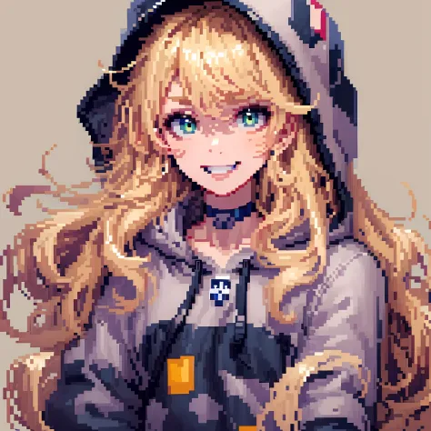 ((in the style of pixel art)), pixel, 4 bits pixel art, 1girl, close-up, face only, beige hair, blonde hair, green eyes, grin, c...