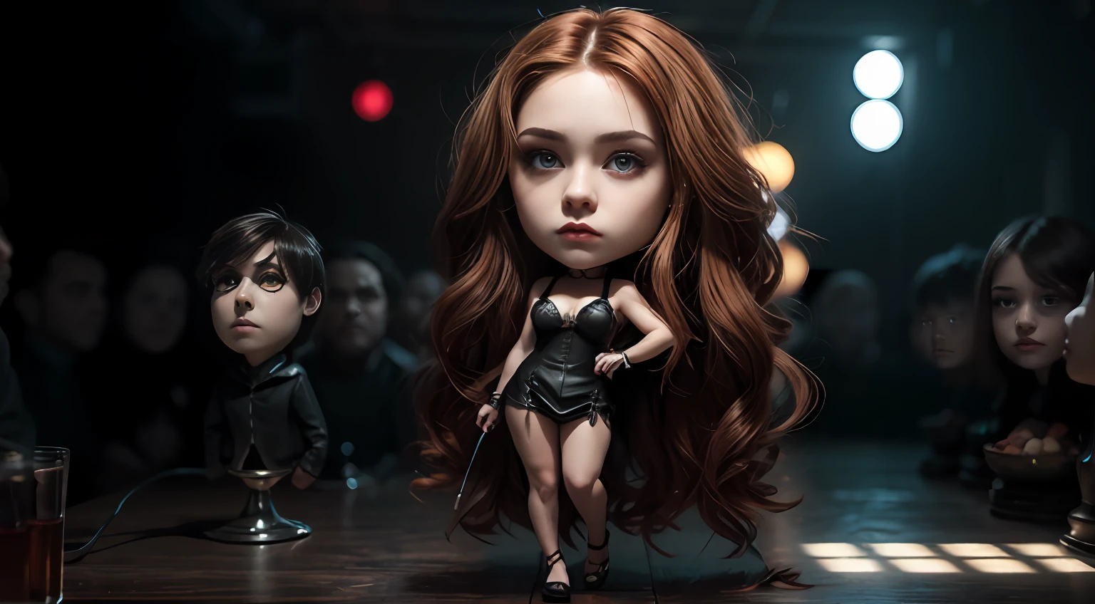 ((Masterpiece)), 8k, artstation inspiracion, Exquisite detail, Soft illumination, Gothic sexy girl with Long Red Hair, chibi orange eyes, hyper detailed, big tits, detailed dresses, sad and sensual look, stage in a gothic music club, neon lights in the background, whole body, perfect legs.