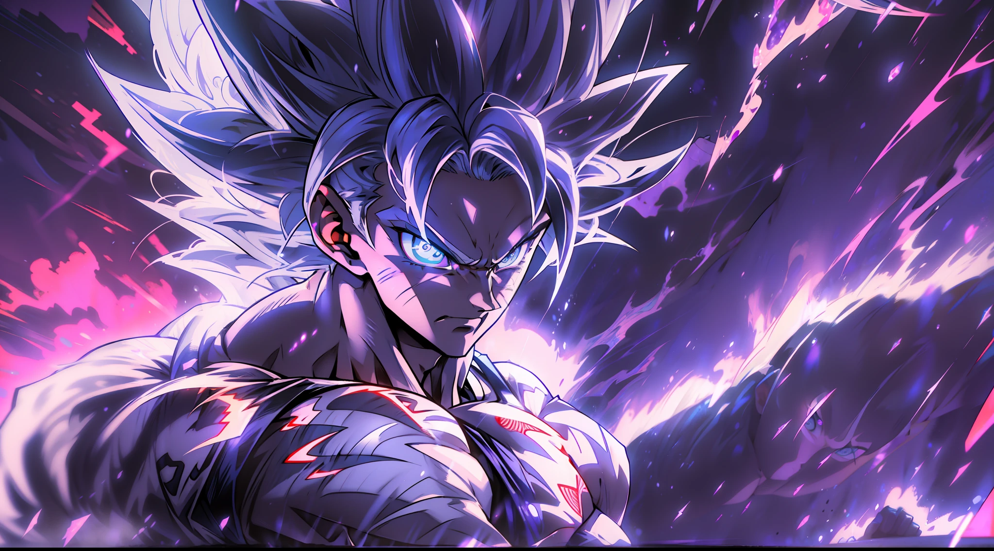 Son Goku se transforme en Ultra Instinct entouré de Violet Aura et d&#39;un éclair sur tout le corps, 4K, cheveux argentés, Élèves Argent, détails élevés, épique, cinématique
