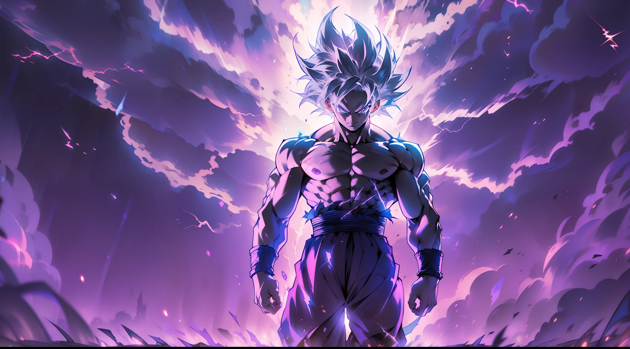 Son Goku verwandelt sich in Ultra Instinct, umgeben von Violet Aura und einem Blitz-Ganzkörperschuss, 4k, silbernes Haar, Silberne Schüler, hohe Details, Epos, filmisch