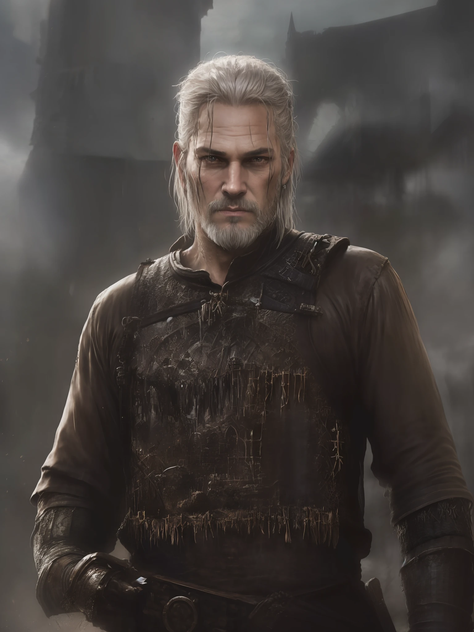 An actor Travis Fimmel as Geralt of Rivia, with a sword and a white shirt, the witcher concept art, epic portrait of menacing, character portrait art, painted character portrait, detailed character portrait, character art portrait, fantasy genre portrait, fantasy character portrait, character - portrait, epic character portrait, rpg portrait concept art,  The witcher 3, realistically, dynamic lights, old, full footage, (extremely detailed 8k wallpaper of CG unit), trend in ArtStation, trend in CGSociety, high detail, sharp focus, dramatic, photorealistic