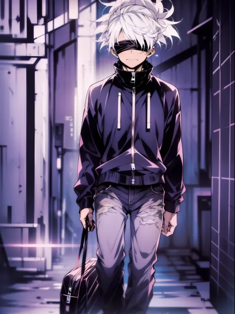 1boy, saturated gojo walking, white hair goosebumps, blue eyes, wearing a black blindfold, nice environment, super detailed, hig...