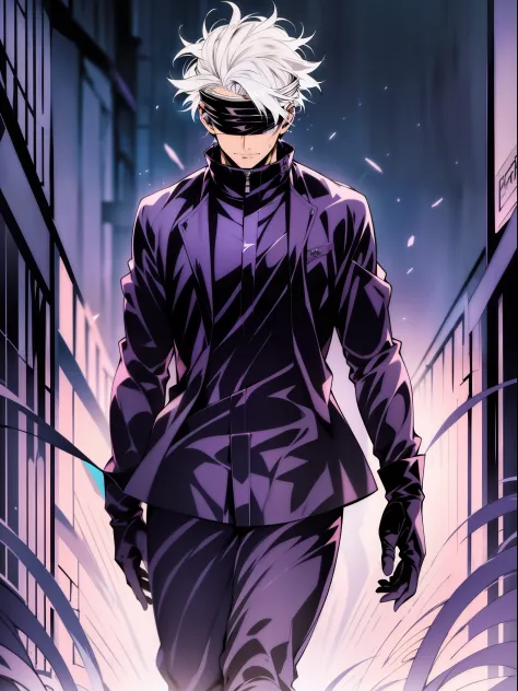 1boy, saturated gojo walking, white hair goosebumps, blue eyes, wearing a black blindfold, nice environment, super detailed, hig...