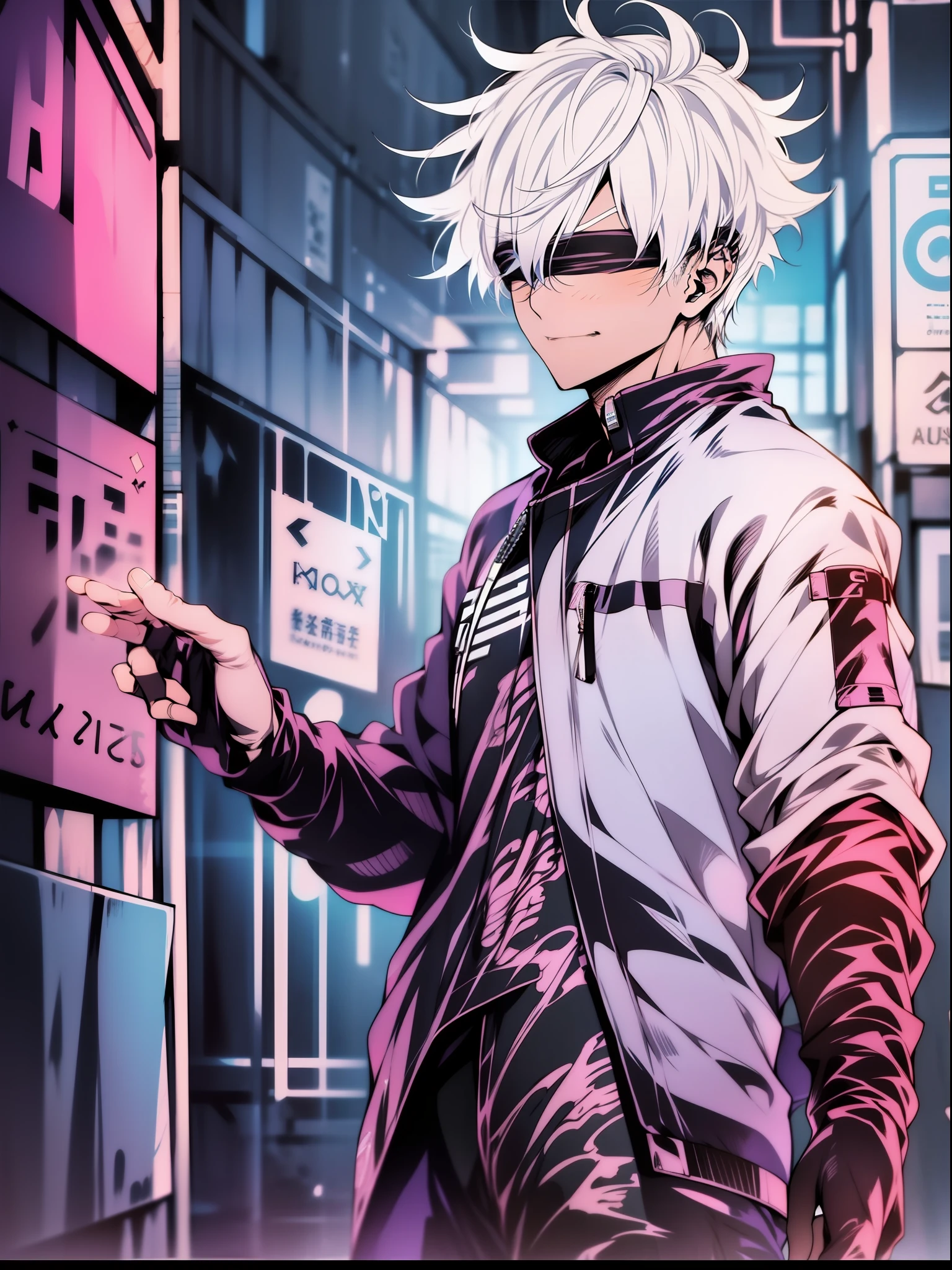 1boy, Saturated Gojo walking, white hair goosebumps, blue eyes, wearing a black blindfold, nice environment, super detailed, high quality