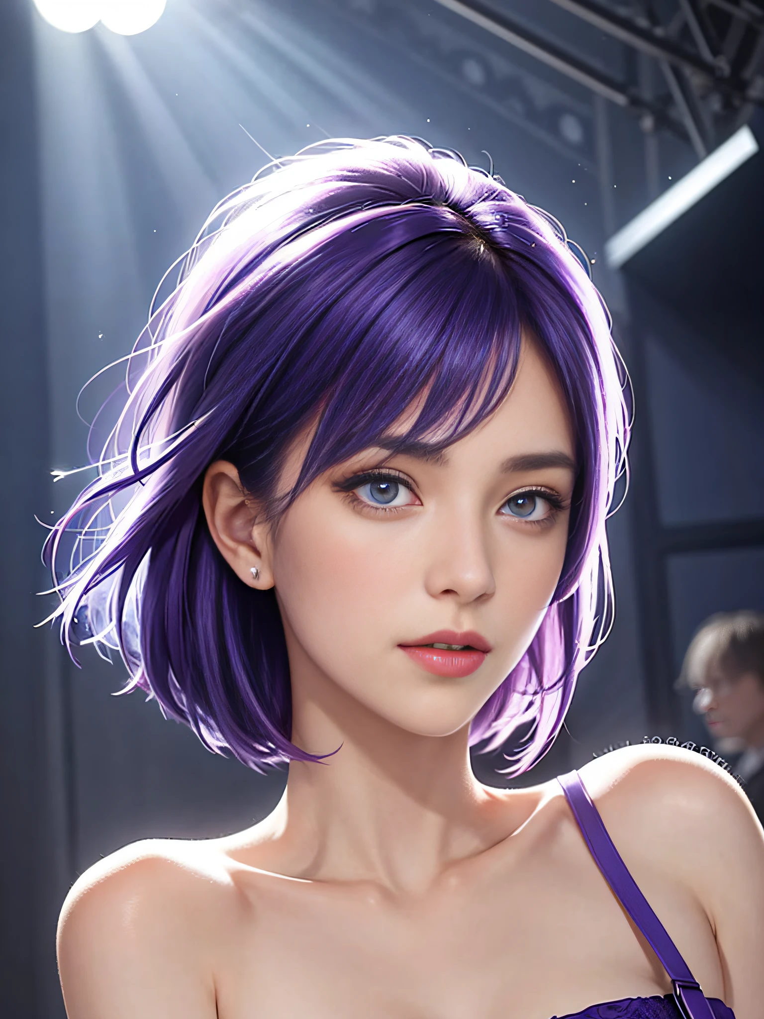 A delicate and meticulous girl，Realistic skin，star-kafka，short blue-purple hair，sophisticated haircut，Sharp blue-purple eyes，It's beautiful to wear a purple wedding dress，symetrical eyes，Natural soft light，The light from the back window is backlighted，Look at the audience，Center the lens，Look at the face and waist from the front，Beautiful and well-proportioned，Fashion portrait