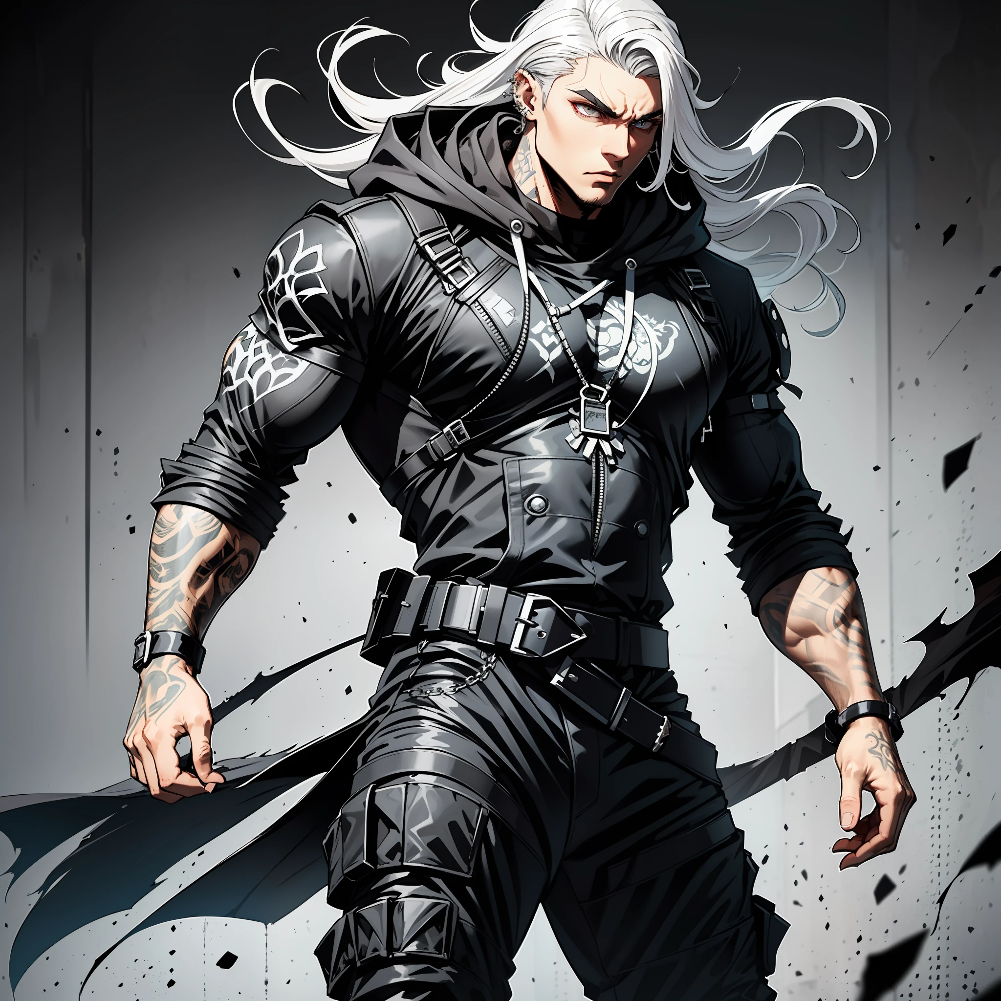 He has long, flowing white hair. His piercing white eyes shine with intensity. Clad in sleek black attire adorned with a mysterious hood, he exudes an aura of enigma. Towering with an imposing stature and a chiseled physique, he commands attention and respect. He is a Grimreaper by trade.