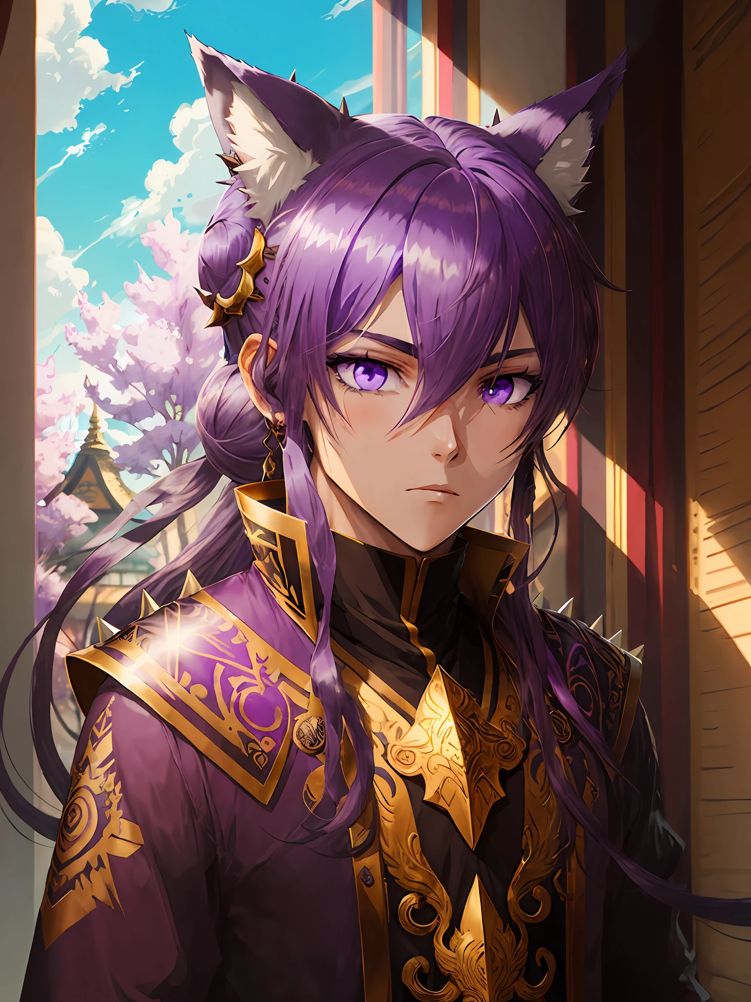 male people，an anime drawing， ((purple tint)), malefocus, tmasterpiece, high qulity, (Masterpiece:1.2), (Best quality:1.2), Glossy glossy skin, opulent, iintricate, Purple fox ears, ((Purple hair)), (Long hair), Purple-gold eyes,,By bangs, Hair between both eyes, hair stick, Fox_Boy, Japanese_clothes, jewelry,  spiky_hor ears, Hair_Bun, Hair_decorations, Red eyeliner，FH，purple tint，male people