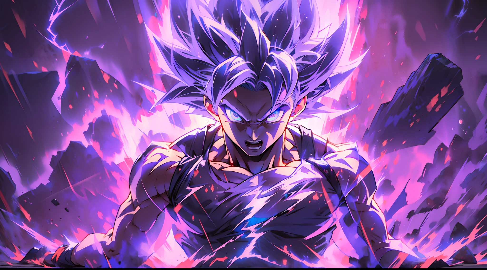 ((Best quality)), ((masterpiece)), Son Goku transforming into Ultra Instinct surrounded by Violet Aura and lightning full body shot, 4k, Silver Hair, Silver Pupils, high details, epic, cinematic