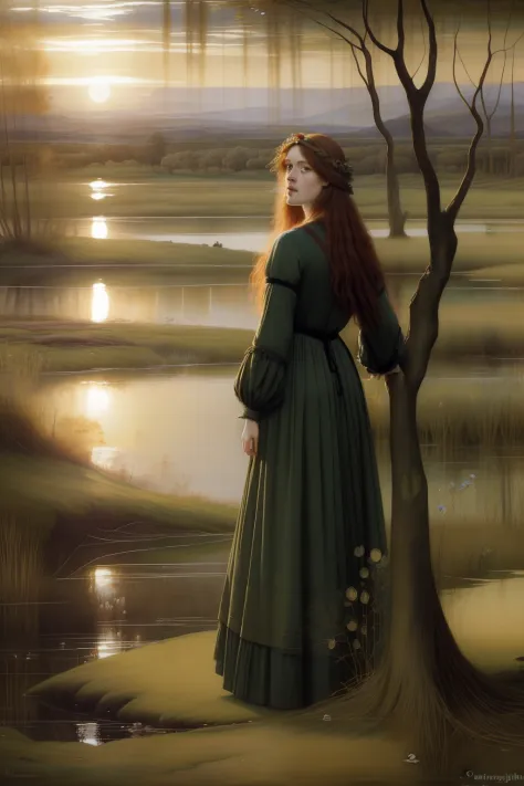 (((Pre-Raphaelite painting))), Celtic woman killed in swamp floating, willow tree, Tangled Weeping Willow, por do sol, paisagem celta, roupa celta xadrez azul