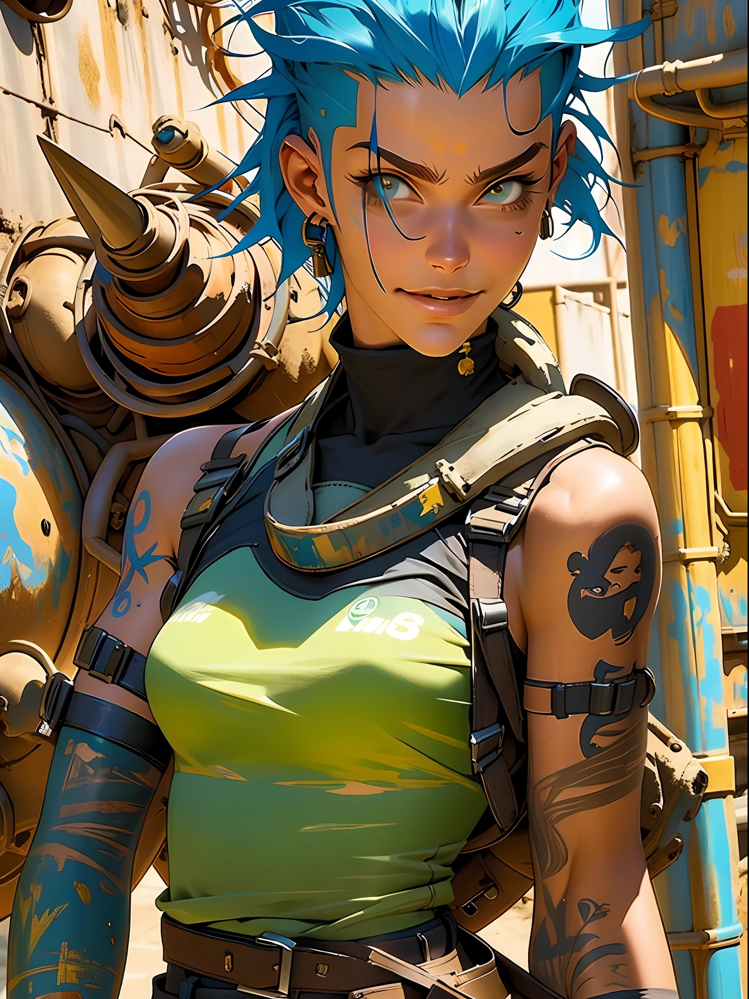 fully body, master part, best quality, super detaill, 8k, gorgeous  woman, Tank Girl com cara de maluca, malicious smile , colored mohawk hair, Punk Girl, post-apocalyptic world, ((  of the tank )), nijistyle, torn and dirty clothes, short mohawk, sides of shaved head, clean  face