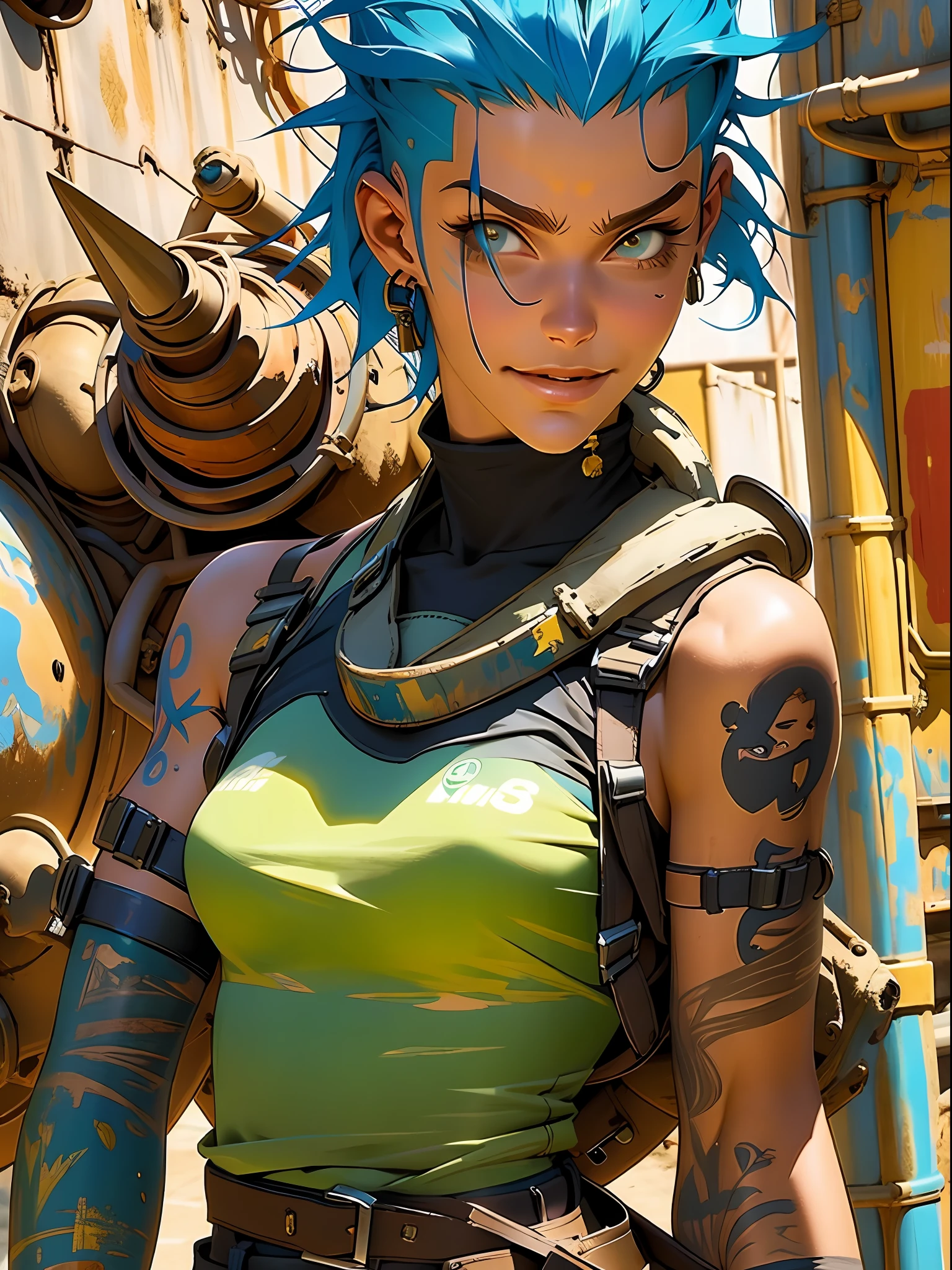 corpo inteiro, parte mestre, melhor qualidade, super detalhe, 8K, mulher linda, Tank Girl com cara de maluca, sorriso malicioso , cabelo moicano colorido, garota punk, Mundo pós-apocalíptico, ((  do tanque )), estilo niji, roupas rasgadas e sujas, moicano curto, lados da cabeça raspada, rosto limpo