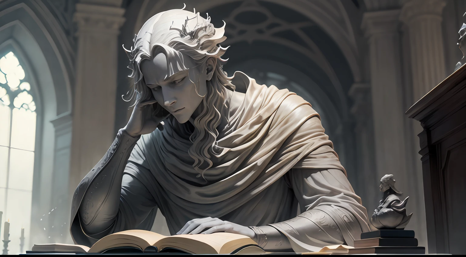 Estátua cinza, de filosofos antigos, eles estao dentro de uns castelos, lendo livro --auto