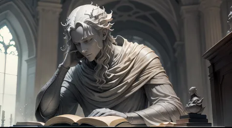 Gray statue, de filosofos antigos, eles estao dentro de uns castelos, lendo livro --auto
