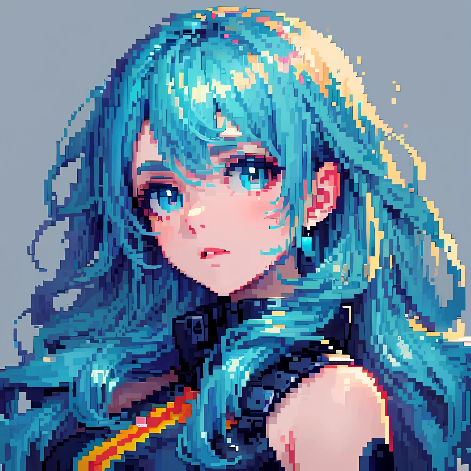 ((in the style of pixels art)), pixels, 4 bits pixels art, 1fille, fermer, visage seulement, cheveux bleu foncé, cheveux clairs intérieurs, Yeux cyan, yeux aqua, Particules légères, Beaucoup de cheveux, cheveux ondulés, Cheveux très longs, pixels official art, résolution absurde, regarder le spectateur, se concentrer uniquement, angle dynamique, inclinaison de la tête, fond simple, Fond gris, ultra detailed pixels art