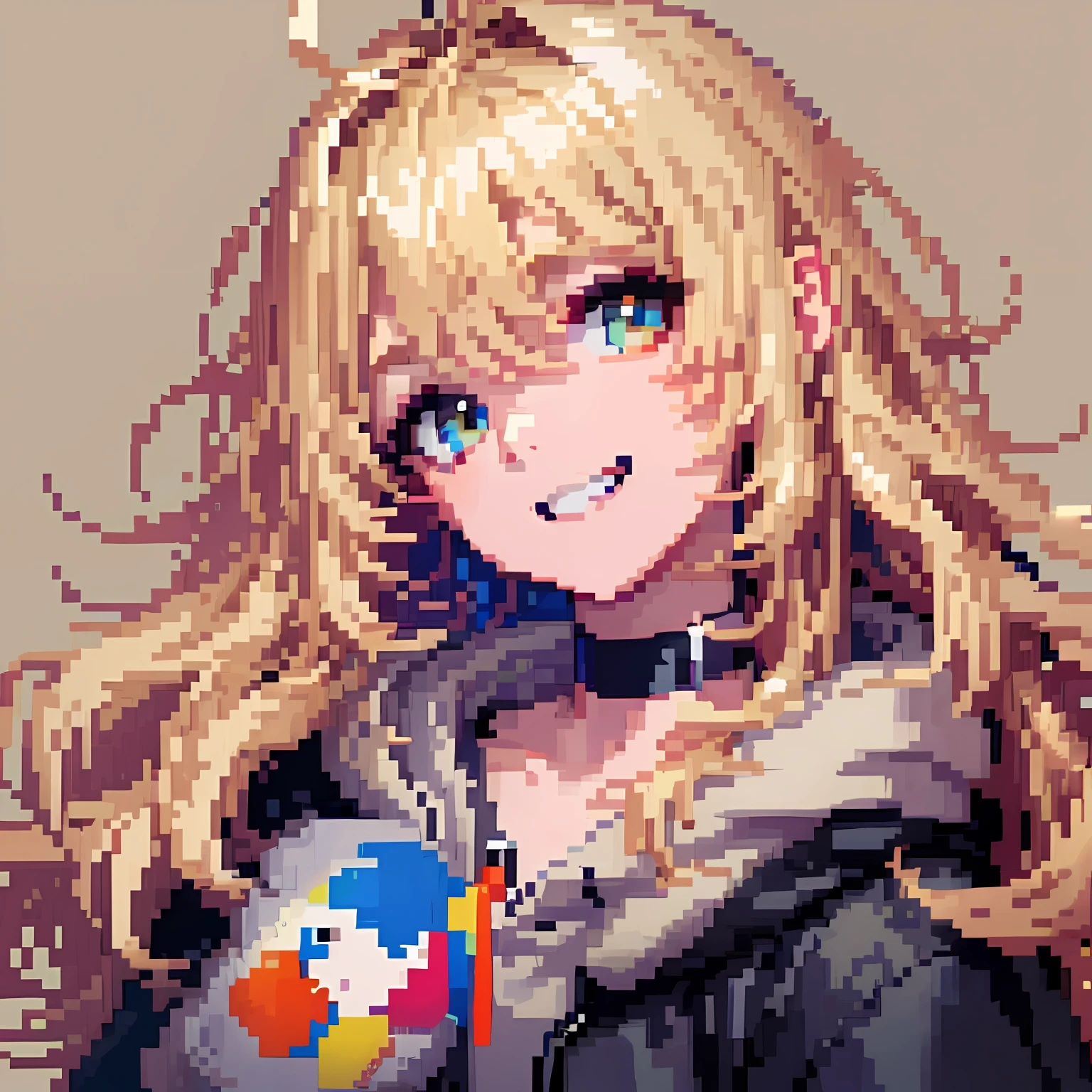 ((in the style of pixel art)), pixel, 4 bits pixel art, 1girl, close-up, face only, beige hair, blonde hair, green eyes, grin, choker, loose hoodie, hoodie print, black hoodie, big hair ahoge, big hair, wavy hair, very long hair, pixel official art, absurd res, looking at viewer, solo focus, dynamic angle, head tilt, simple background, gray background, ultra detailed pixel art