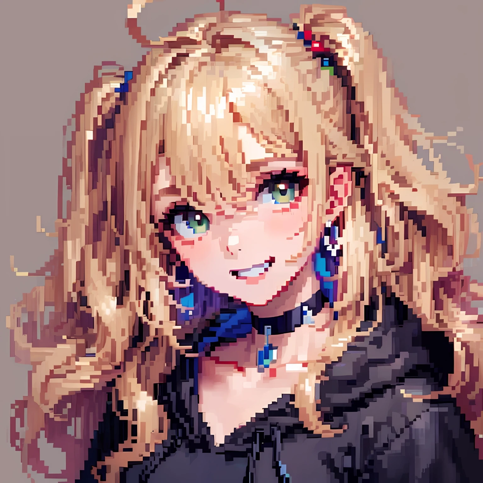 ((in the style of pixel art)), pixel, 4 bits pixel art, 1girl, close-up, face only, beige hair, blonde hair, green eyes, grin, choker, loose hoodie, hoodie print, black hoodie, big hair ahoge, big hair, wavy hair, very long hair, pixel official art, absurd res, looking at viewer, solo focus, dynamic angle, head tilt, simple background, gray background, ultra detailed pixel art