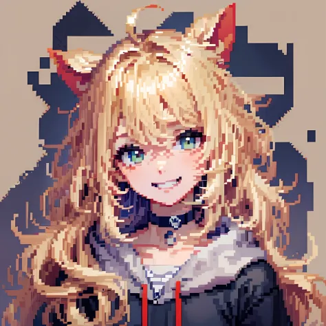 ((in the style of pixel art)), pixel, 4 bits pixel art, 1girl, close-up, face only, beige hair, blonde hair, green eyes, grin, choker, loose hoodie, hoodie print, black hoodie, big hair ahoge, big hair, wavy hair, very long hair, pixel official art, absurd res, looking at viewer, solo focus, dynamic angle, head tilt, simple background, gray background, ultra detailed pixel art