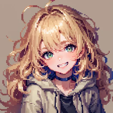 ((in the style of pixel art)), pixel, 4 bits pixel art, 1girl, close-up, face only, beige hair, blonde hair, green eyes, grin, c...