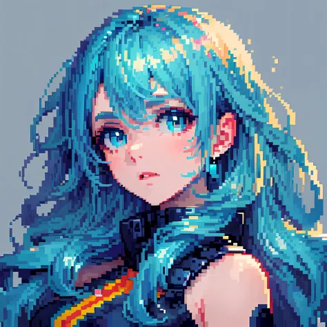 ((in the style of pixel art)), pixel, 4 bits pixel art, 1girl, close-up, face only, dark blue hair, inner light hair, cyan eyes, aqua eyes, light particles, big hair, wavy hair, very long hair, pixel official art, absurd res, looking at viewer, solo focus, dynamic angle, head tilt, simple background, gray background, ultra detailed pixel art