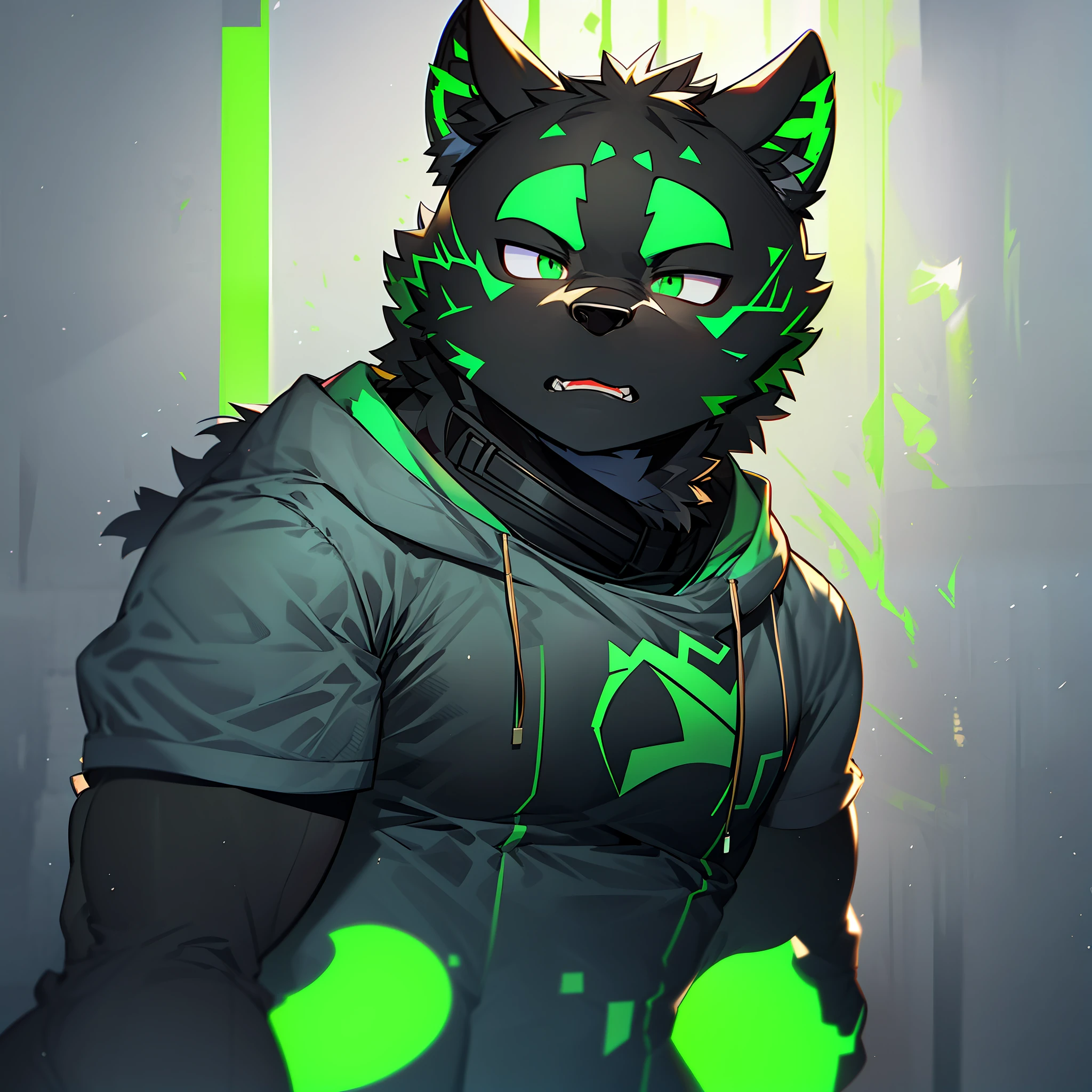 Furry，Black Panther，Fluorescent green pattern，green pupills