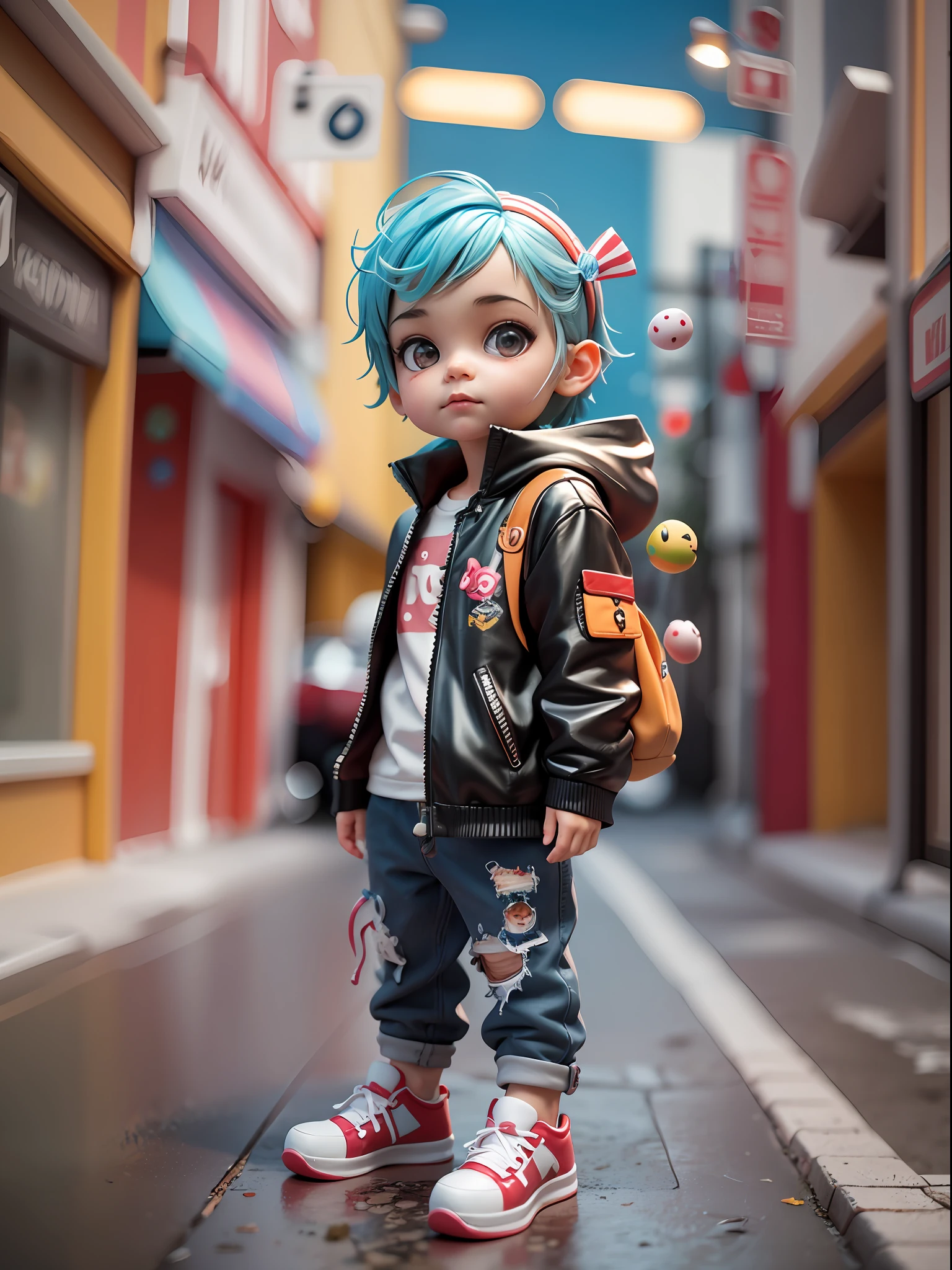 3d toy, 3d rendering, ip, cyberpunk style, chibi, cute little boy, mask, simple background, best quality, c4d, blender, 3D MODEL, TOYS, VIVID COLORS, STREET STYLE, HIGH RESOLUTION, A LOT OF DETAILS, PIXAR, CANDY COLORS, BIG SHOES, FASHION TRENDS, ART