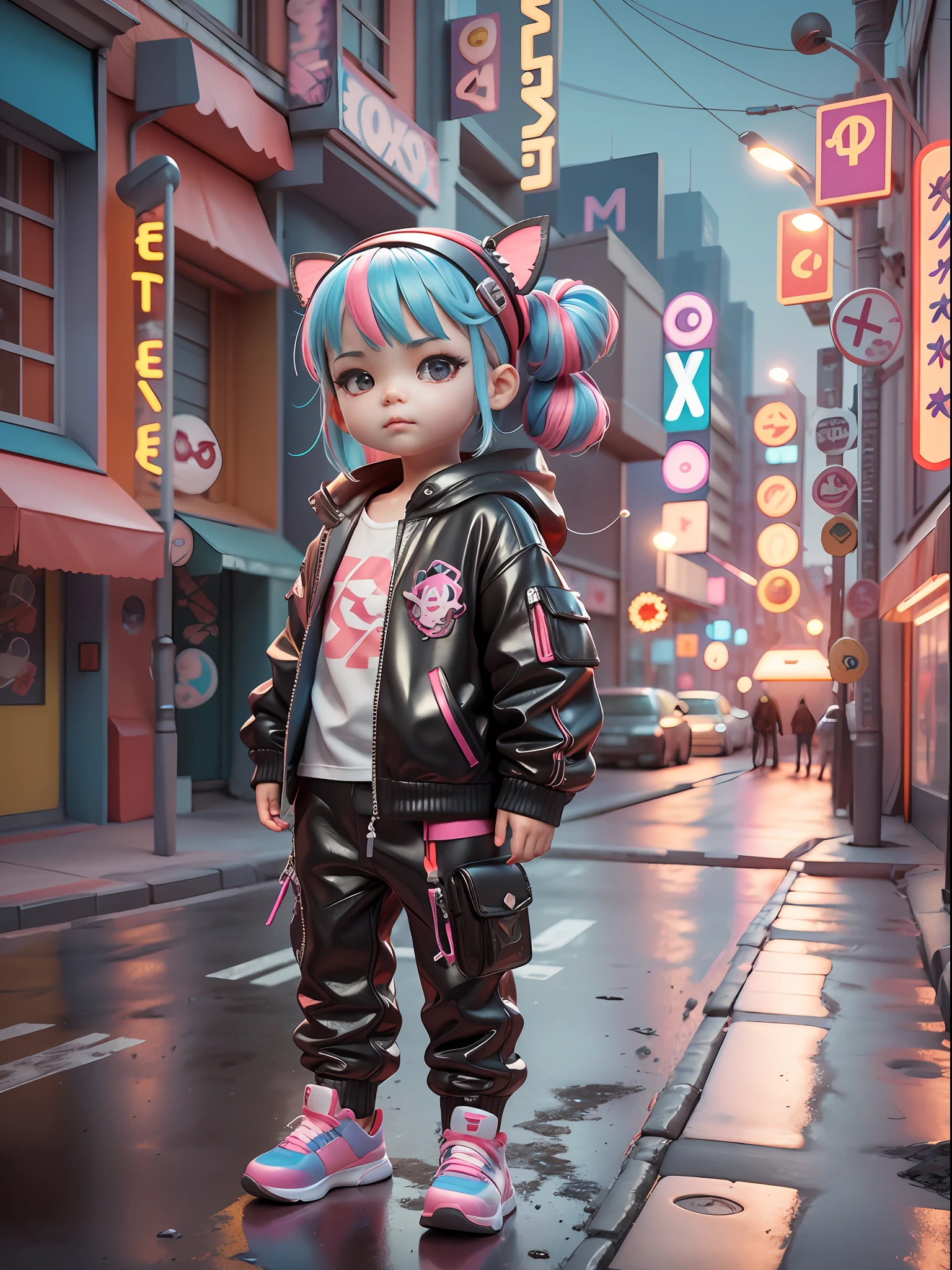 3d toy, 3d rendering, ip, cyberpunk style, chibi, cute little boy, mask, simple background, best quality, c4d, blender, 3D MODEL, TOYS, VIVID COLORS, STREET STYLE, HIGH RESOLUTION, A LOT OF DETAILS, PIXAR, CANDY COLORS, BIG SHOES, FASHION TRENDS, ART