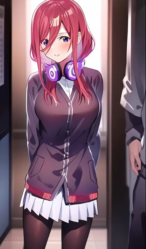 Anime girl with headphones standing in a room with other people, menina bonita do anime high school, visual anime de uma menina ...
