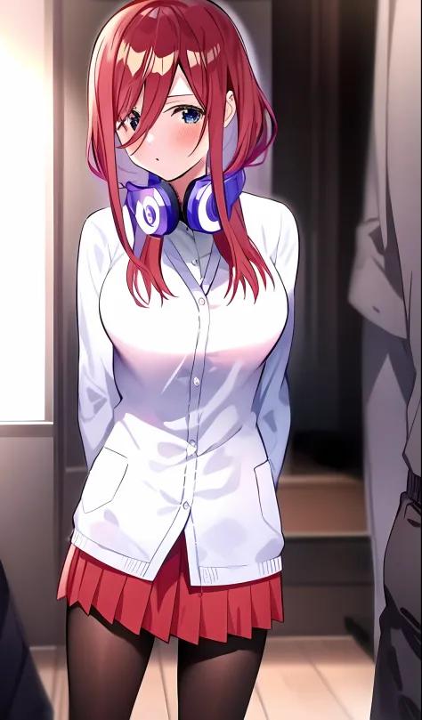 Anime girl with headphones standing in a room with other people, menina bonita do anime high school, visual anime de uma menina ...