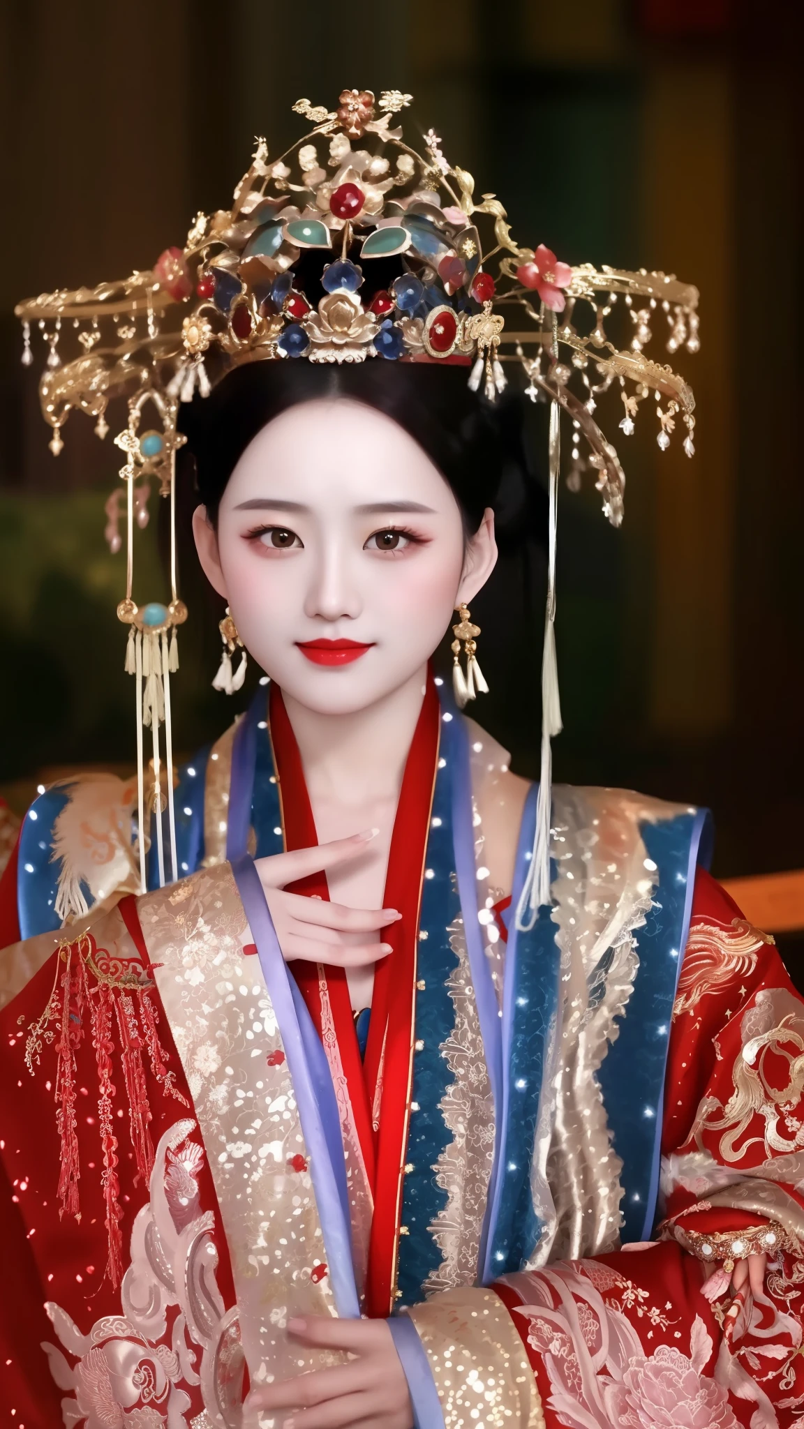 Close-up de uma mulher em um vestido vermelho e azul e uma coroa dourada, uma linda imperatriz de fantasia, chinese empress, China Princess, ((uma linda imperatriz de fantasia)), Princesa chinesa antiga, Palácio ， uma garota em hanfu, vestindo roupas chinesas antigas, beleza tradicional, princesa da antiga dinastia asiática, chinês tradicional, beleza chinesa antiga, Hanfu, Bela representação da Dinastia Tang