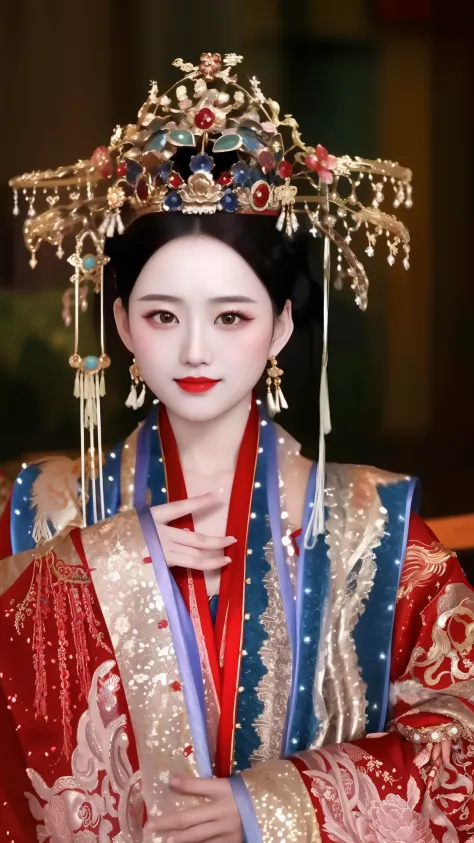 Close up of a woman in a red and blue dress and a golden crown, a beautiful fantasy empress, chinese empress, China Princess, ((...