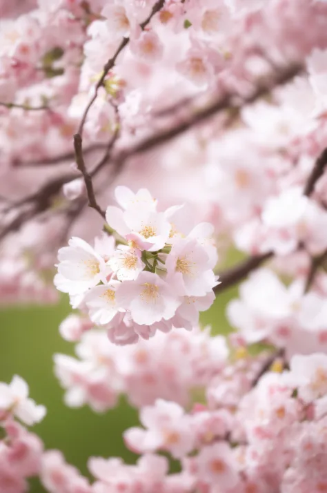 There is a close-up of the flowers on the tree, cherryblossom, sakura bloomimg, cherryblossom, cherry blossom, sakura blooming on background, blossom sakura, cherryblossom, sakura season, sakura trees in the background, sakura petals around her, green gras...