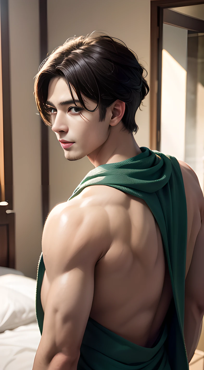 ((Men only)), (back view), (Handsome muscular ancient Roman man in his 20s ), Man in ancient Rome wore a tunic, Gracefully draped with toga, And their hair, Often short, Complemented by laurel wreath, gold, Red, Blue, Green, Mischievous smile, (detaile: 1 in 1), Natural muscles, HIG quality, beautidful eyes, (Detailed face and eyes), (Face、: 1 / 2), Noise, Real Photographics、... ........................................................................PSD, Sharp Focus, High resolution 8K, realisitic & Professional Photography, 8K UHD, Soft lighting, High quality, Film grain, FujifilmXT3