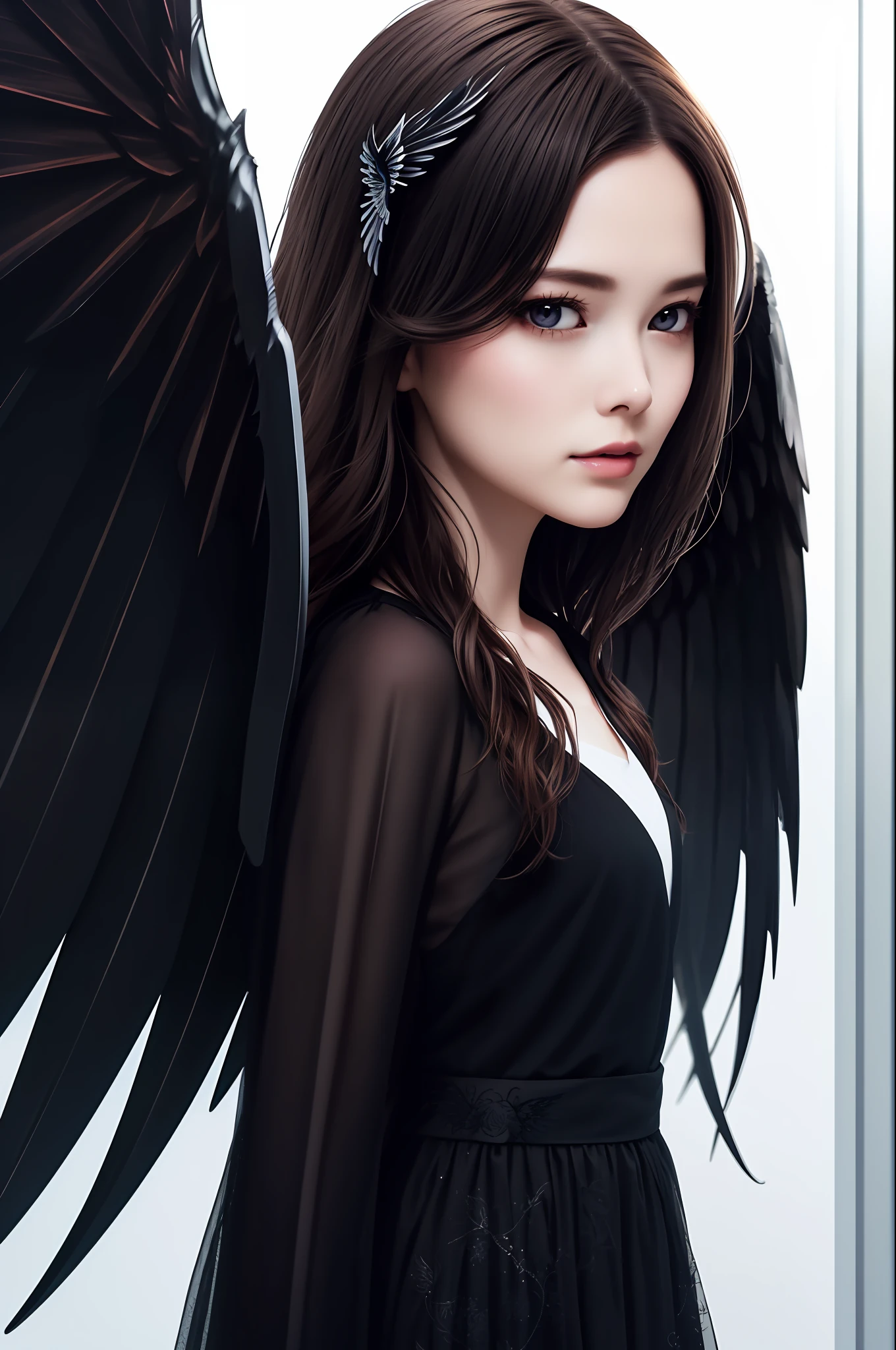 maiyan,(extremely detailed CG unity 8k wallpaper,masterpiece, best quality, ultra-detailed, beautiful detailed eyes:1.2),best illumination,dark night,moonlight,(best shadow, an extremely delicate and beautiful, bloom), ((a dark angel,hair ornamen,dark eyes,long hair,angel wings,black wings)),smirk,oversized wings,(big wings:1.4),dramatic,cinematic,Film filter,