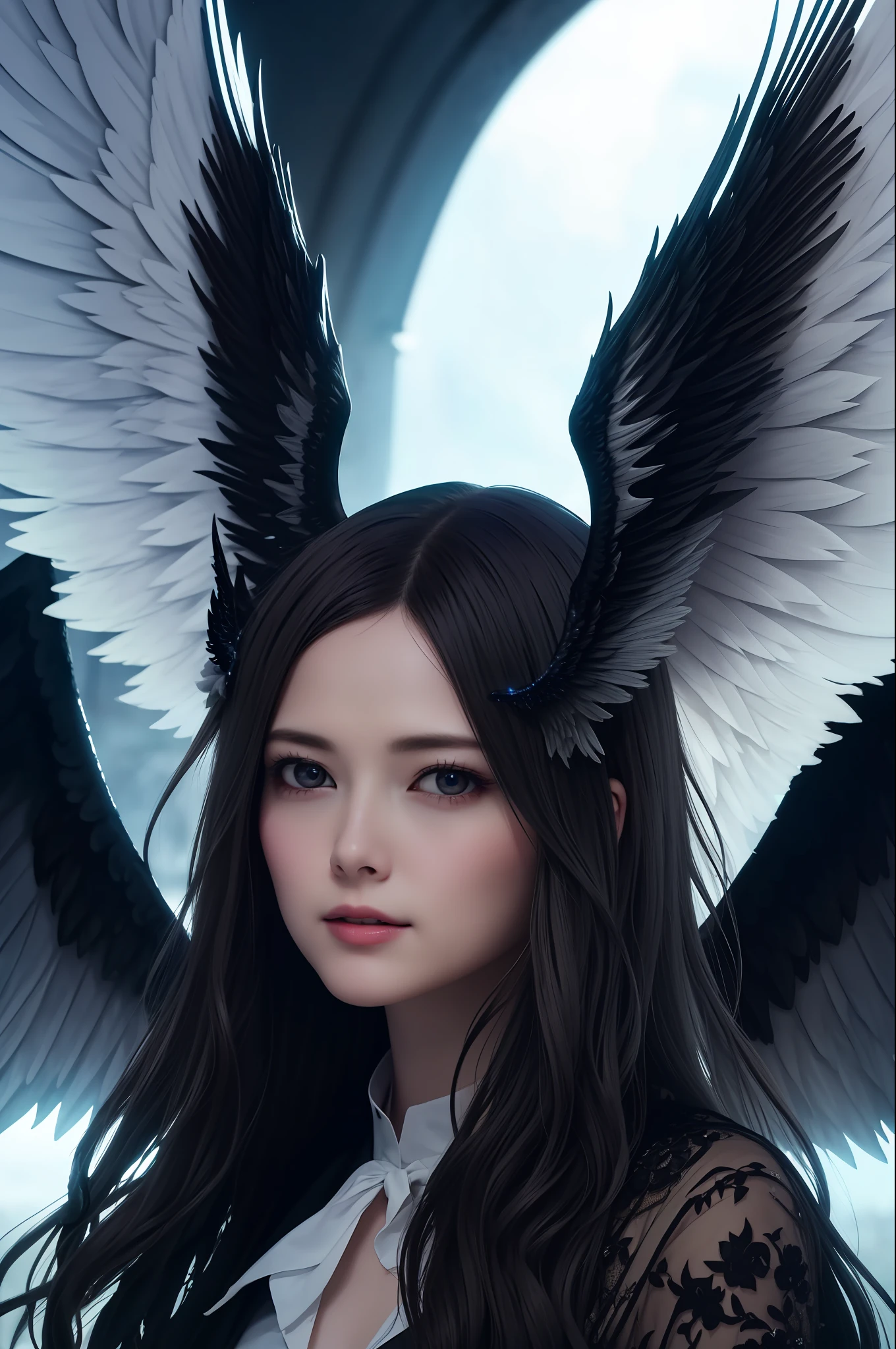 maiyan,(extremely detailed CG unity 8k wallpaper,masterpiece, best quality, ultra-detailed, beautiful detailed eyes:1.2),best illumination,dark night,moonlight,(best shadow, an extremely delicate and beautiful, bloom), ((a dark angel,hair ornamen,dark eyes,long hair,angel wings,black wings)),smirk,oversized wings,(big wings:1.4),dramatic,cinematic,Film filter,