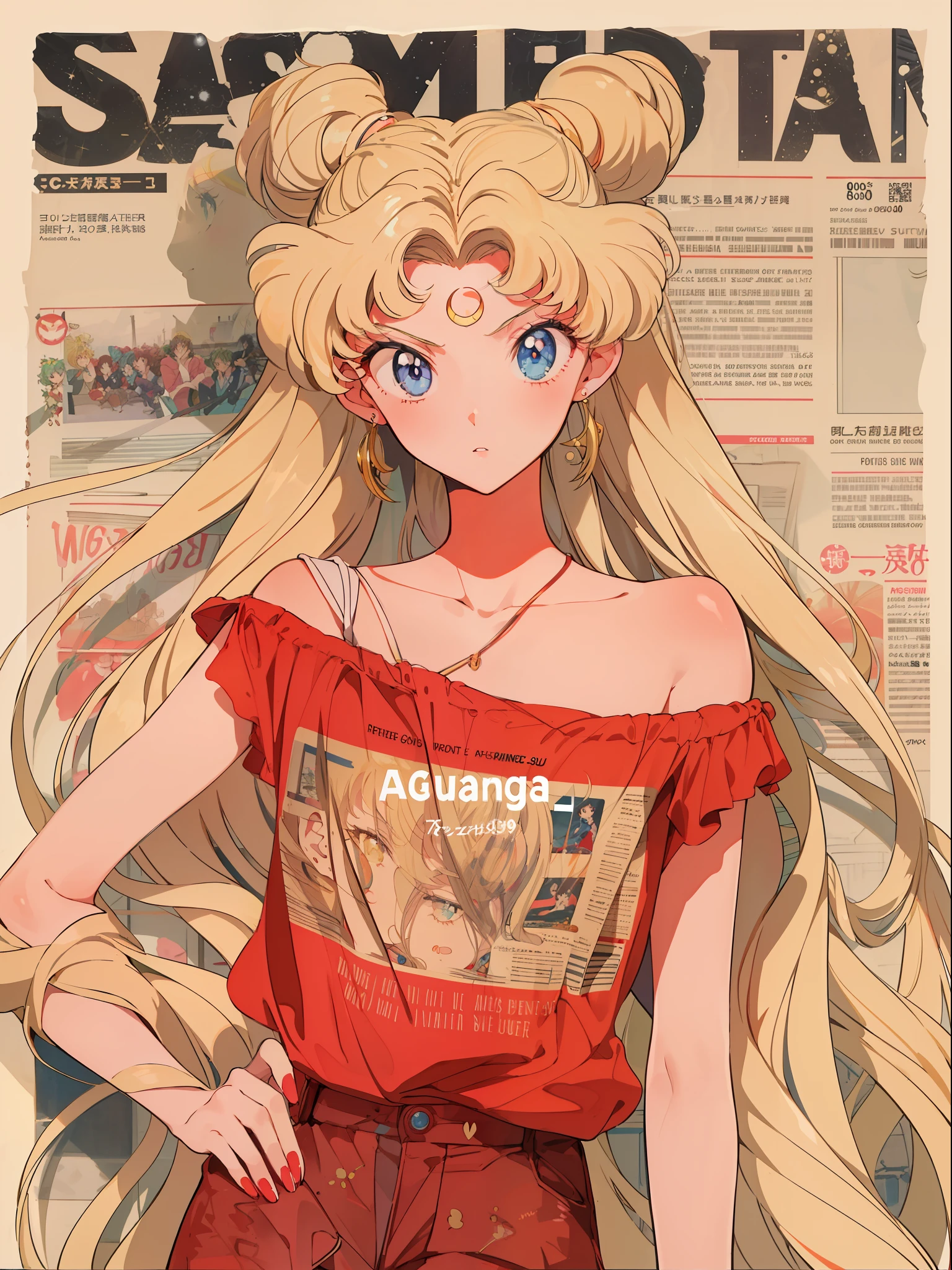 Gros plan d&#39;une femme aux longs cheveux blonds dans un chemisier rouge, fille d&#39;anime rétro, Marin Lune!!!!!!!!, Marin Lune style, Style artistique animé des années 8 0, Esthétique de Sailor Moon, couleurs vintage d&#39;anime, Style artistique animé des années 90, la lune du marin. Beau, style anime des années 80, Ambiance anime des années 8 0, auteur：la lune du marin