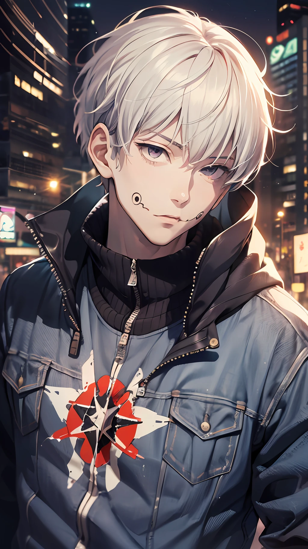 (absurdres, highres, ultra detailed, HDR), masterpiece, best quality, 1man, solo, handsome, short hair, inumaki toge, facial tattoo, white hair, black jacket, jeans, closed mouth, swirl, vortex