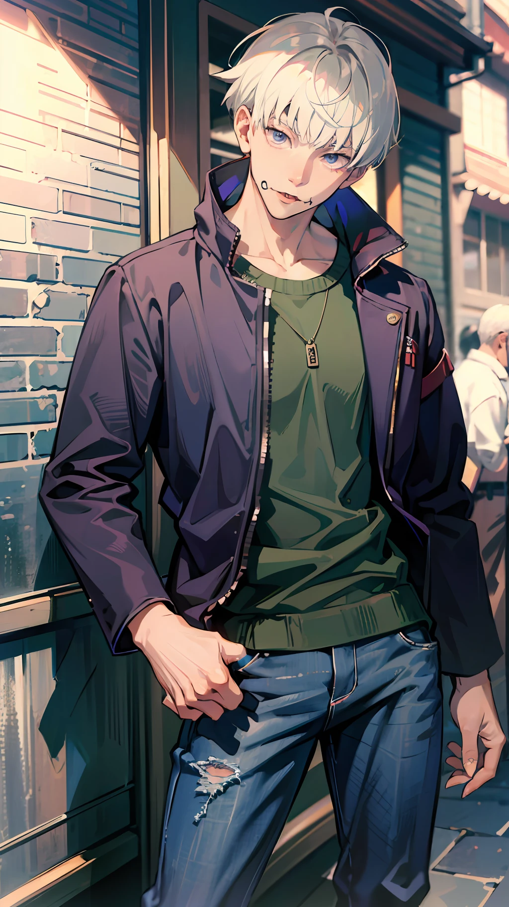 (absurdres, highres, ultra detailed, HDR), masterpiece, best quality, 1man, solo, handsome, short hair, inumaki toge, facial tattoo, white hair, black jacket, jeans, closed mouth, pickpocket
