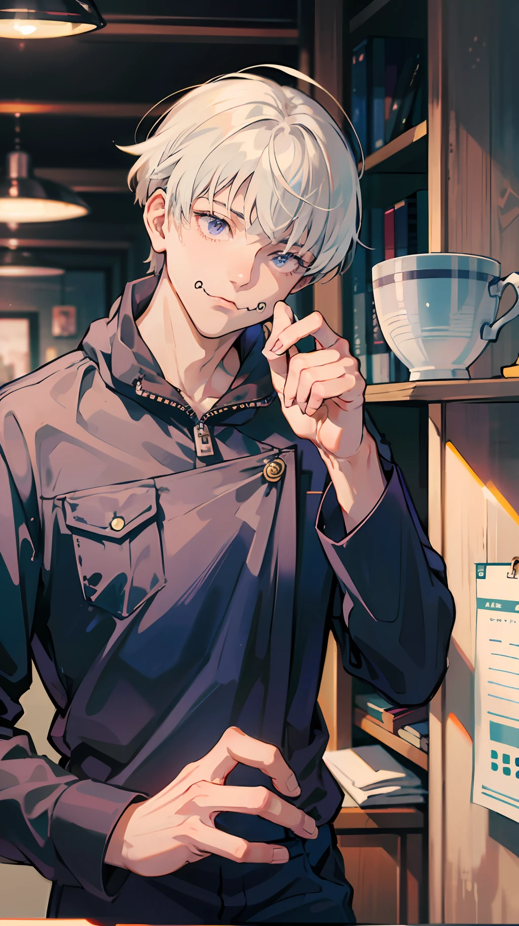 (absurdres, highres, ultra detailed, HDR), masterpiece, best quality, 1man, solo, handsome, short hair, inumaki toge, facial tattoo, white hair, black jacket, jeans, closed mouth, pickpocket