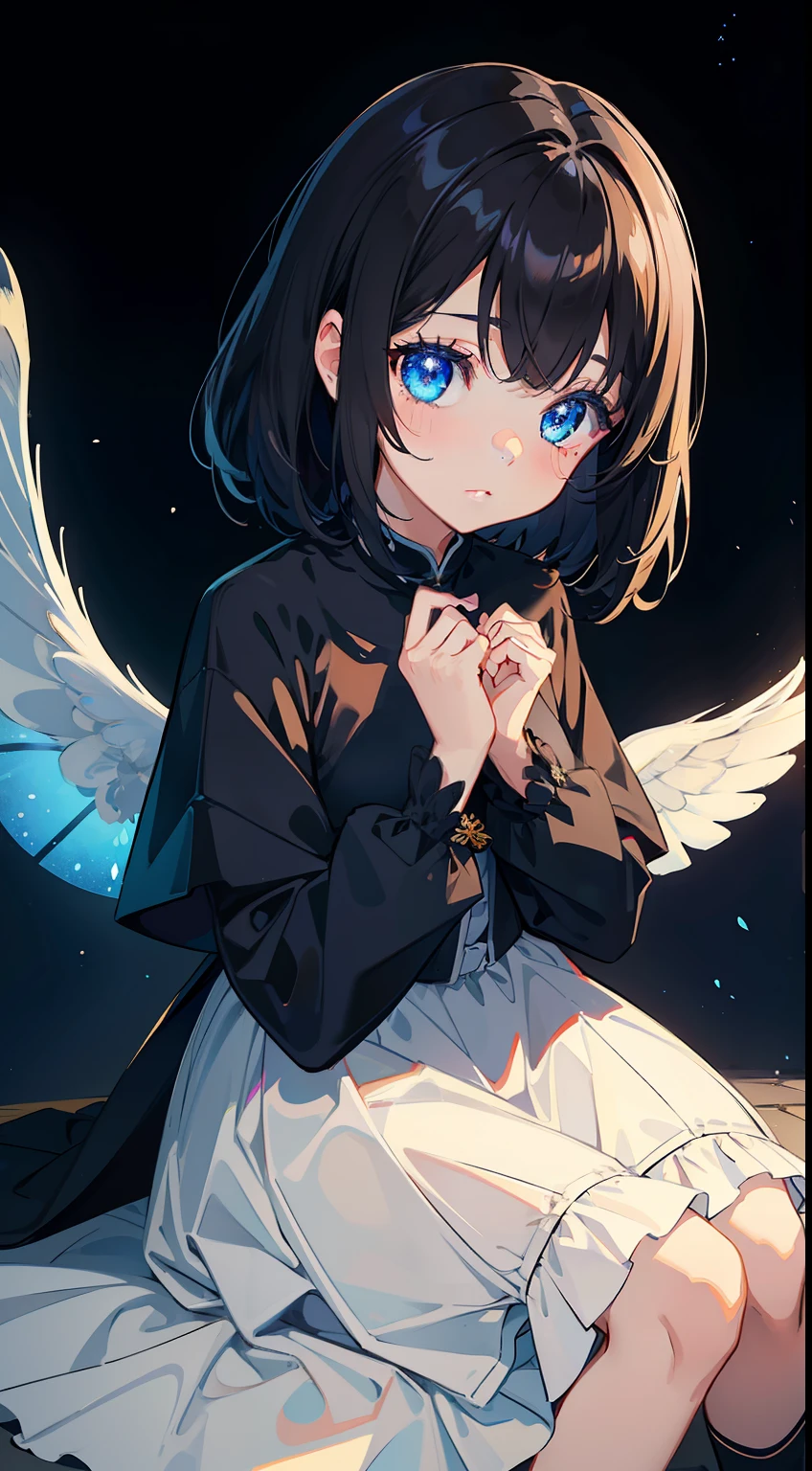 One girl、A dark-haired、Medium Hair、cute little、Angel wings、black backgrounds、校服、​masterpiece、Top image quality、top-quality、blue eyess、glitters、Beautiful fece、natta、Light butterfly