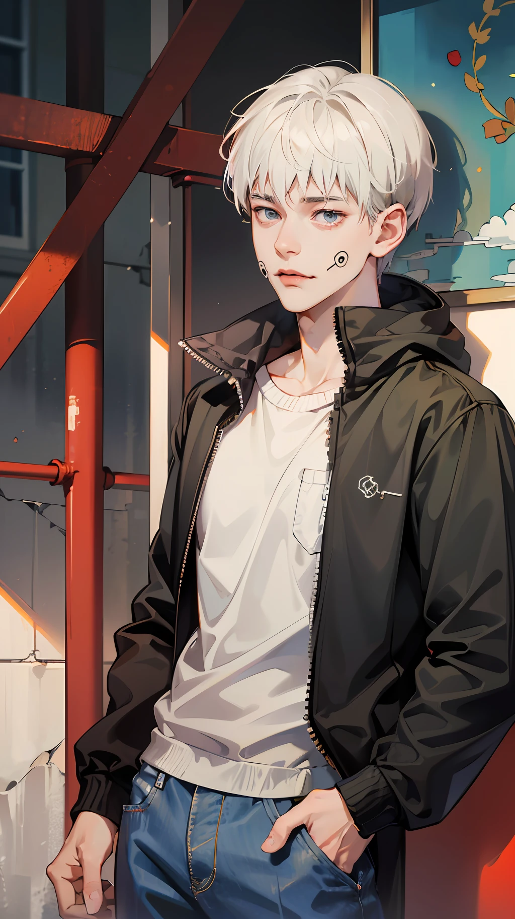 (absurdres, highres, ultra detailed, HDR), masterpiece, best quality, 1man, solo, handsome, short hair, inumaki toge, facial tattoo, white hair, black jacket, jeans, closed mouth, hand in pocket