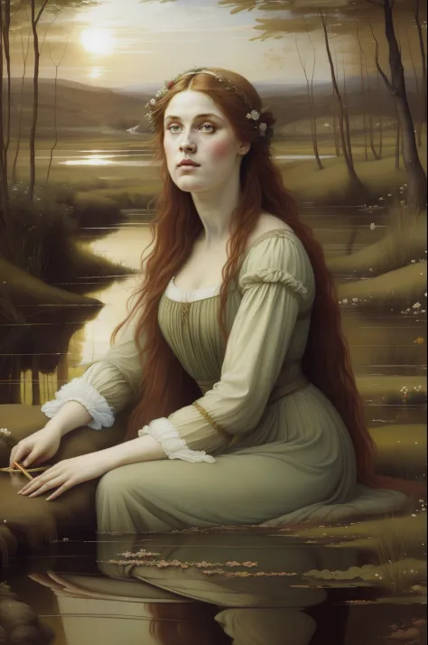 "(((Pre-Raphaelite painting))), Portrait of a dead Celtic woman in a floating swamp, salgueiro, salgueiro choroso emaranhado, sun sunset, paisagem celta, Ophelia, flowing white clothes, holds a golden chalice and a magic wand."
