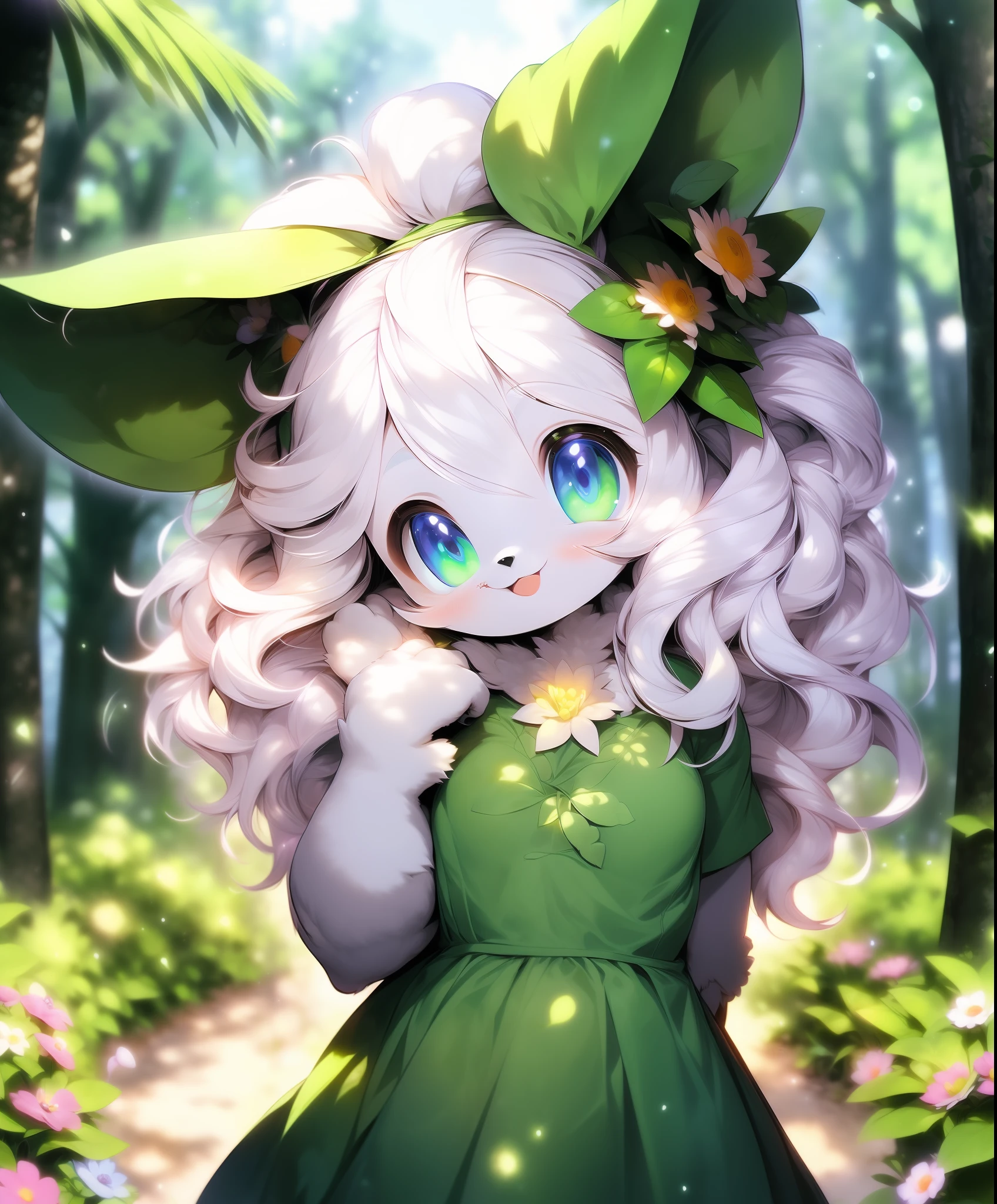 furry girl,rabbit ears, green dress,in forest, sea of flowers, cowboy shot,smile, hair ornament, looking at viewer, one hand up, head tilt
