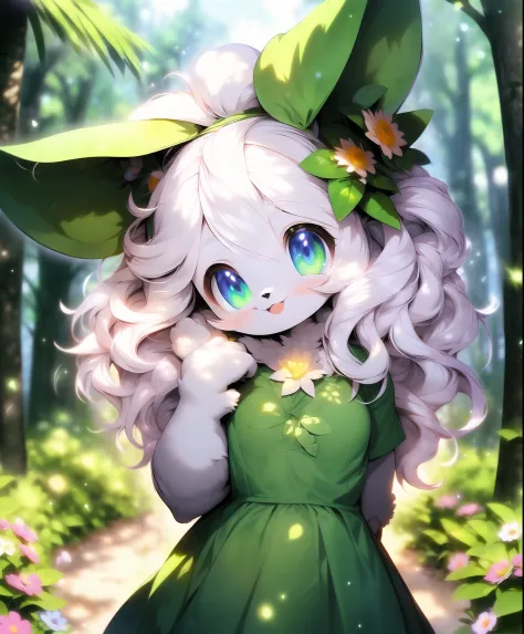 furry girl,rabbit ears, green dress,in forest, sea of flowers, cowboy shot,smile, hair ornament, looking at viewer, one hand up,...