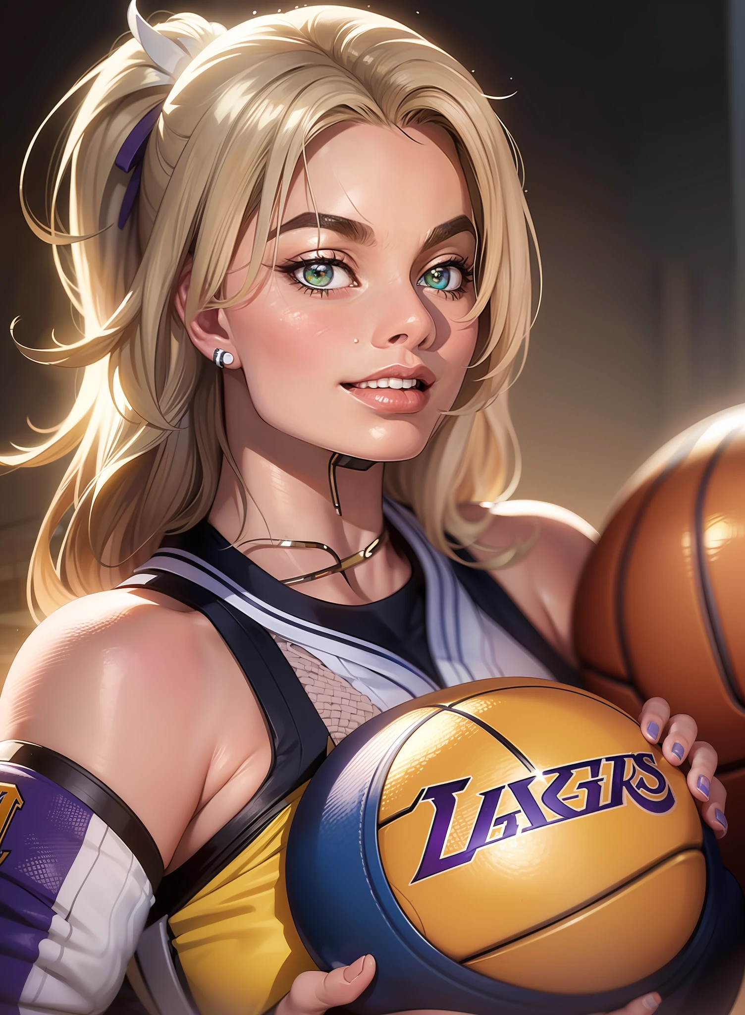 (Margot Robbie playing basketball:1.3) wearing the Los Angeles Lakers report