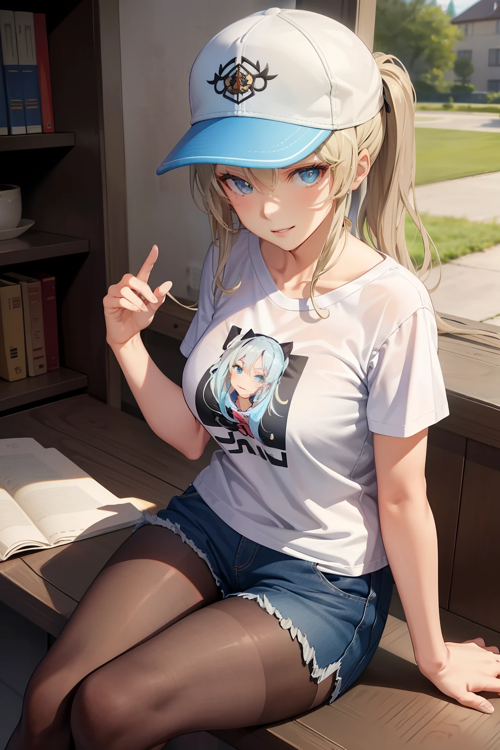 tmasterpiece， Best quality at best， absurderes， Perfect anatomy， 1girll， 独奏， Love Espada， long whitr hair， pony tails， nedium breasts， baseball cap， graphic t shirt， denim short， Shorts pantyhose， Sat down， stairways， exteriors， 城市， ssmile， Dutch angle， wide - angle shot，Hands on your back，nabel