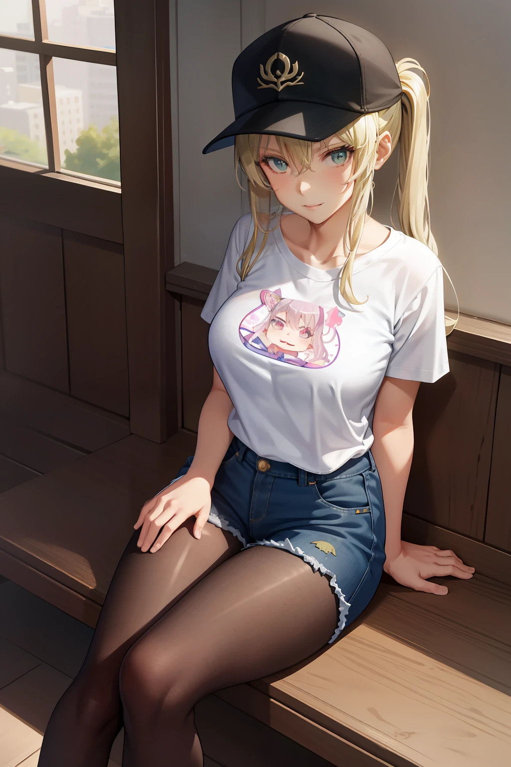 tmasterpiece， Best quality at best， absurderes， Perfect anatomy， 1girll， 独奏， Love Espada， long whitr hair， pony tails， nedium breasts， baseball cap， graphic t shirt， denim short， Shorts pantyhose， Sat down， stairways， exteriors， 城市， ssmile， Dutch angle， wide - angle shot，Hands on your back，nabel