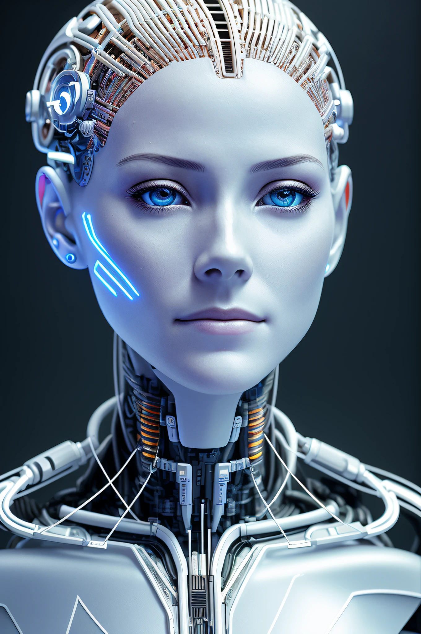 Electronic Systems On-Head Humanoids |Cyborg Woman| With a detailed brain that you can see| With a delicate heart that can be seen| Muscle cable wire | Realistic Skin| Biopunk| Cybernetics | Cyberpunk | Canon M50| 100mm| Sharp Focus | Gently| Hyperrealism | Very detailed| Intricate Details | Vascular |