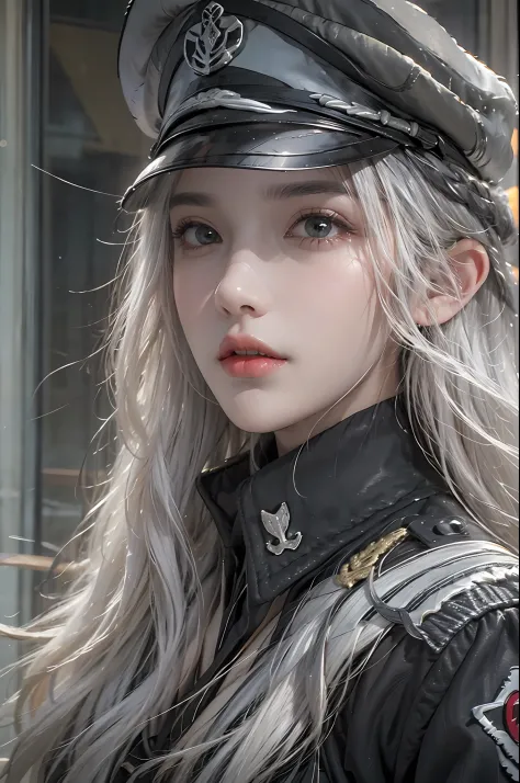 photorealistic, high resolution, 1 girl, hips up, beautiful eyes, white hair, long hair, ringed eyes, military uniform