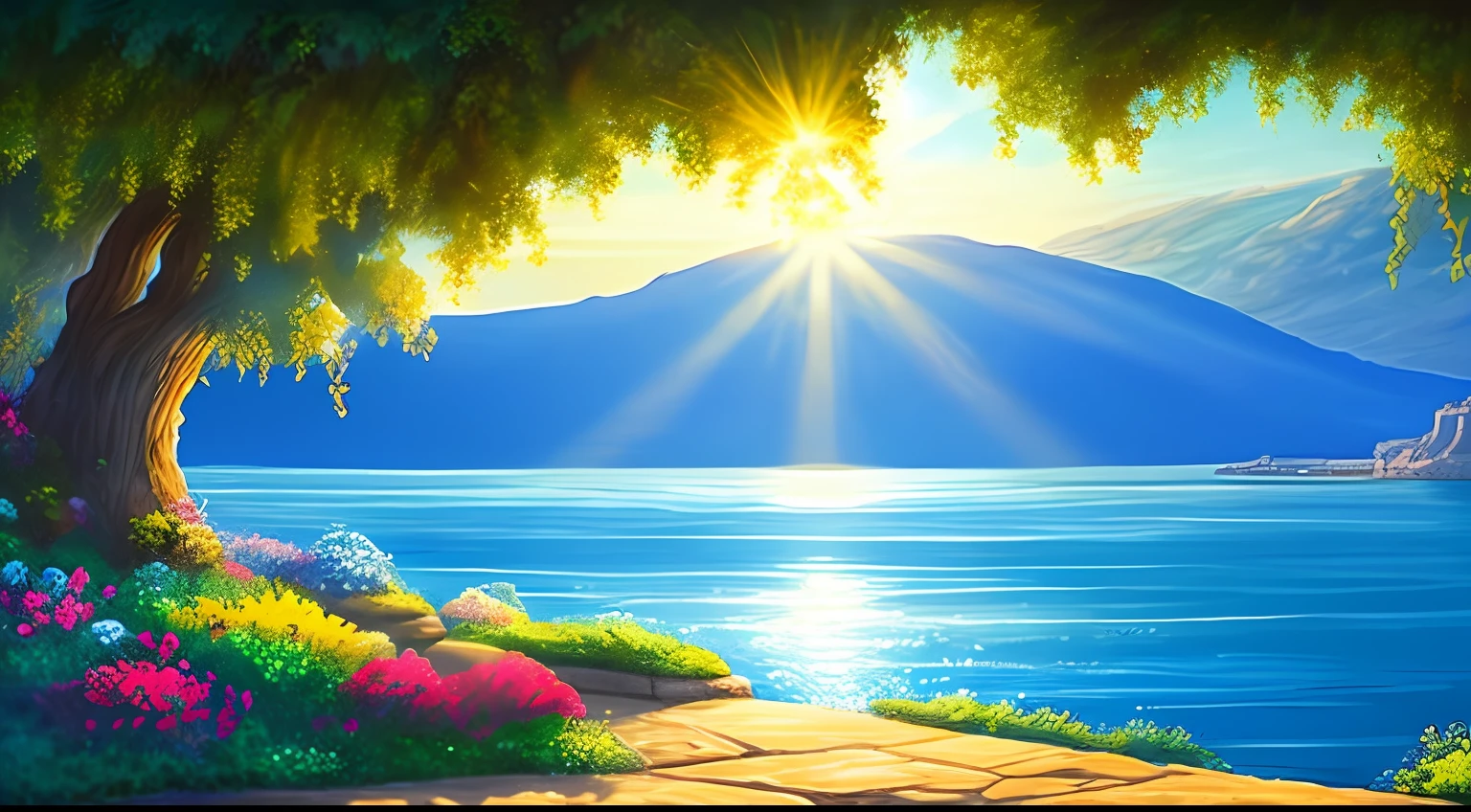 Qualidade da arte original, Mar da Galileia, dia ensolarado, Estilo de animação Disney, Luz de fundo azul, Translúcido, com luz como tema, o foco da luz está nos personagens, a imagem geral é fresca e brilhante.