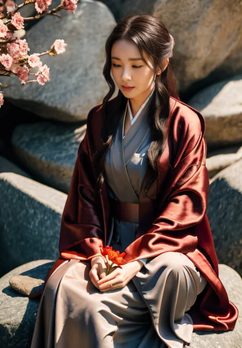 The Arad woman in a robe sits on the rock，Holding a flower in hand, wearing a long flowing robe, Hanfu, Wearing Jedi robes and sari, wearing a long flowing robe, wearing brown jedi robes, Female Jedi, wearing jedi robes, dressed in simple robes, flowing ha...